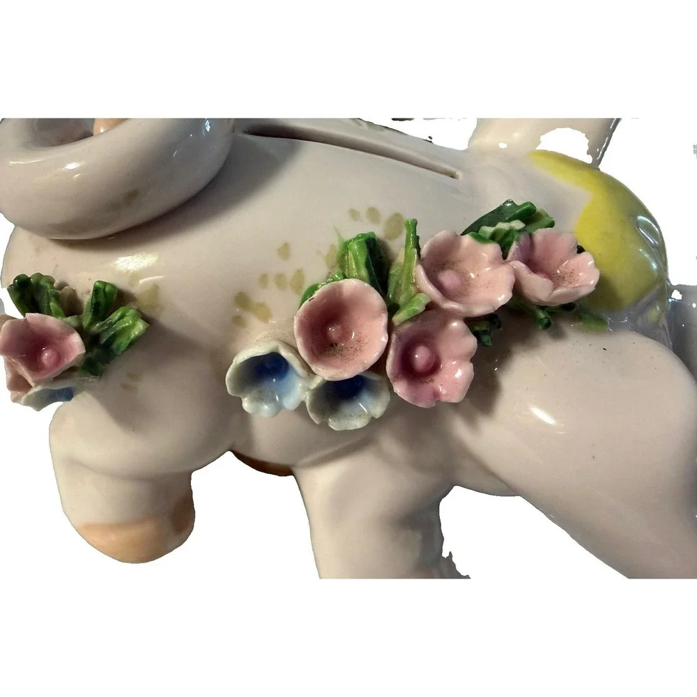 Vintage Lefton Japan Piggy Bank Applied Porcelain Flowers Pink Pig Coin Bank